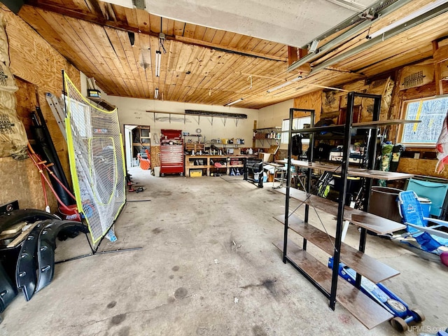 garage with a workshop area
