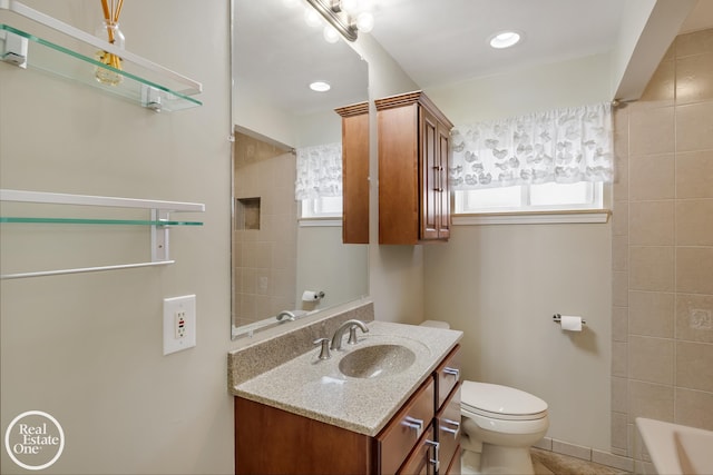 full bath featuring vanity, a bathing tub, toilet, recessed lighting, and a shower