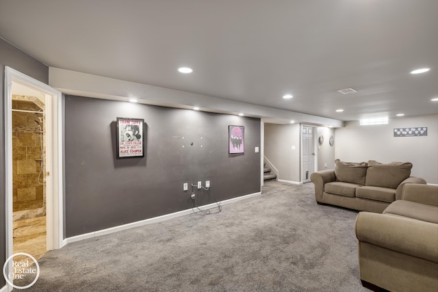 living area with carpet, recessed lighting, baseboards, visible vents, and stairway