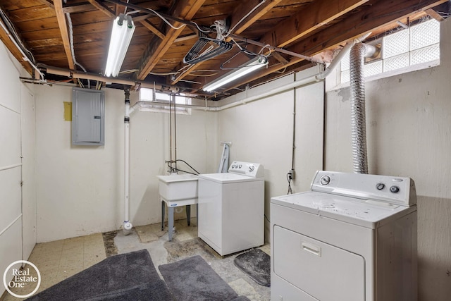 laundry room with laundry area, washer and clothes dryer, and electric panel