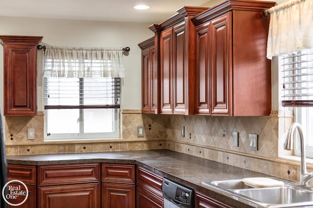 kitchen featuring stainless steel dishwasher, a sink, plenty of natural light, and reddish brown cabinets
