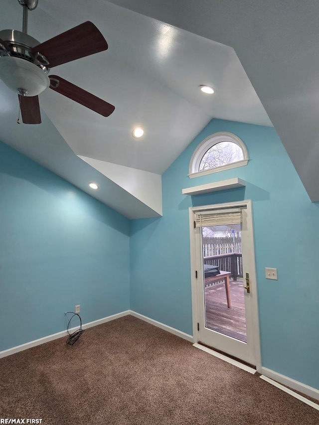 additional living space featuring baseboards, recessed lighting, a ceiling fan, carpet, and vaulted ceiling