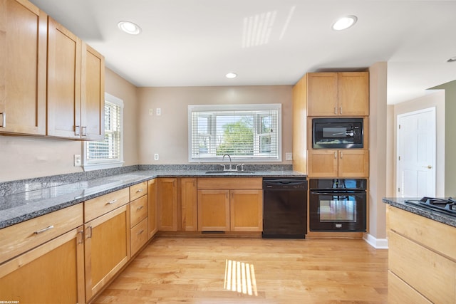 kitchen with light wood-style flooring, a healthy amount of sunlight, a sink, and black appliances
