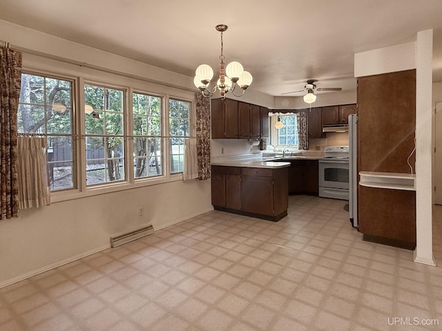 kitchen featuring dark brown cabinetry, a sink, light countertops, white range with electric cooktop, and a peninsula