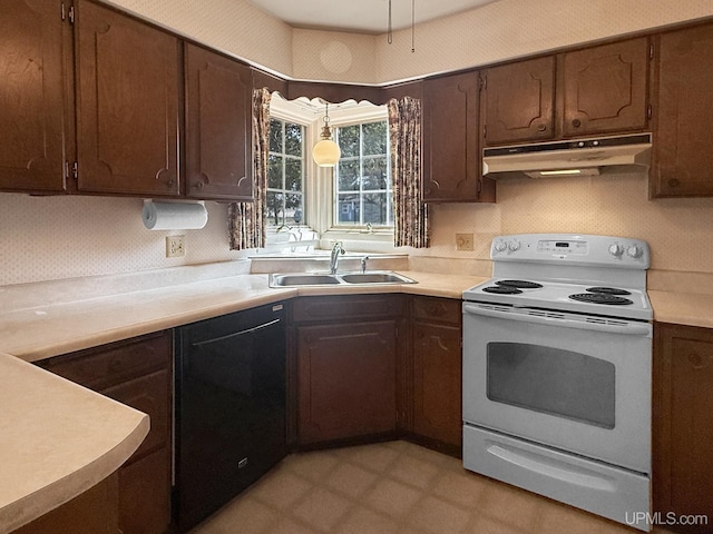 kitchen featuring light countertops, under cabinet range hood, a sink, white electric stove, and dishwasher