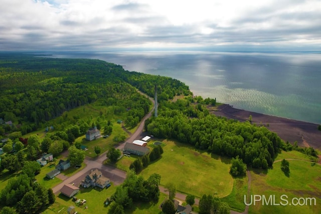 birds eye view of property with a water view and a wooded view