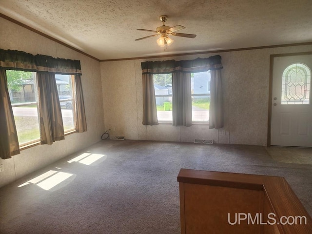 entrance foyer featuring carpet flooring, a textured ceiling, a healthy amount of sunlight, and ornamental molding