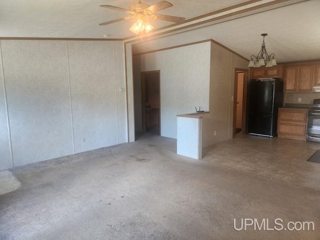 interior space featuring ornamental molding, ceiling fan, lofted ceiling, and light carpet
