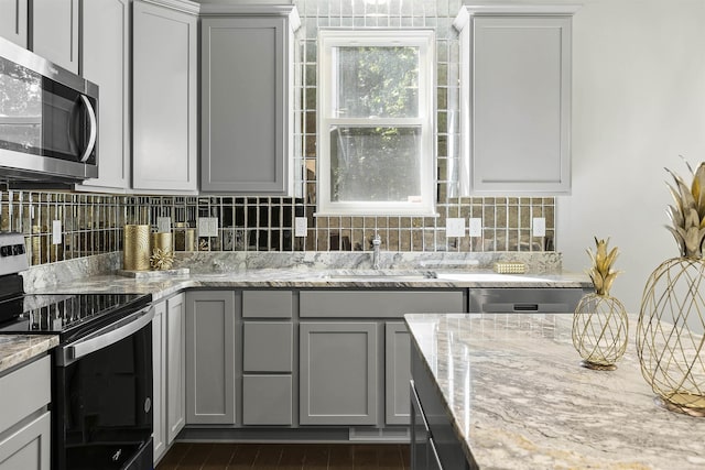 kitchen with a sink, backsplash, gray cabinetry, and stainless steel appliances