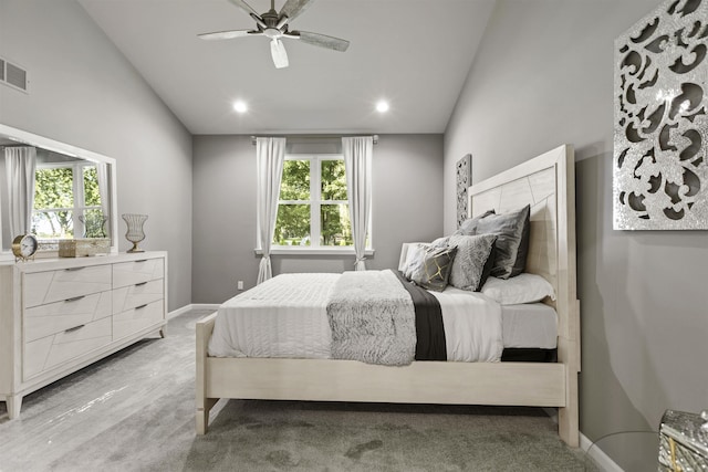 bedroom featuring ceiling fan, visible vents, recessed lighting, baseboards, and vaulted ceiling
