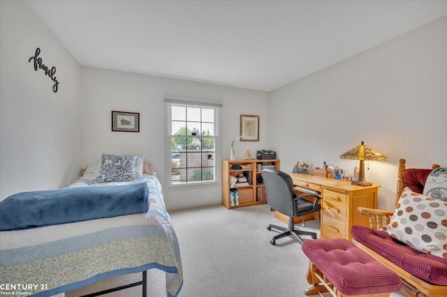 bedroom featuring light carpet