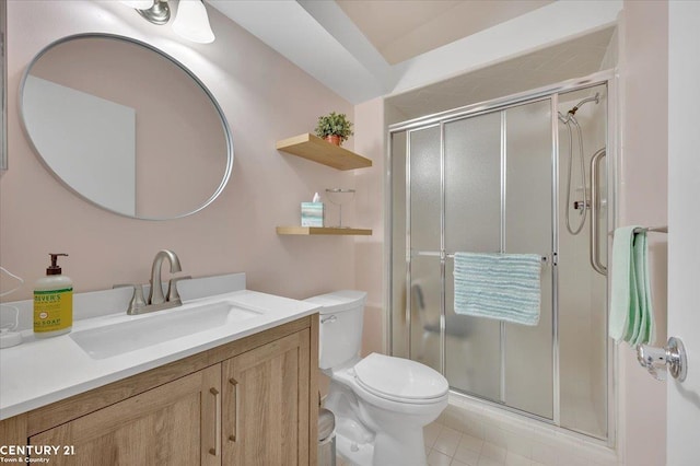 bathroom with vanity, a stall shower, and toilet