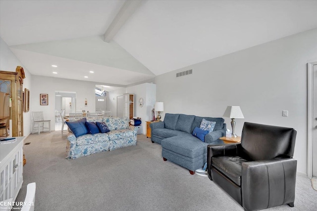 living area with light colored carpet, recessed lighting, visible vents, and vaulted ceiling with beams