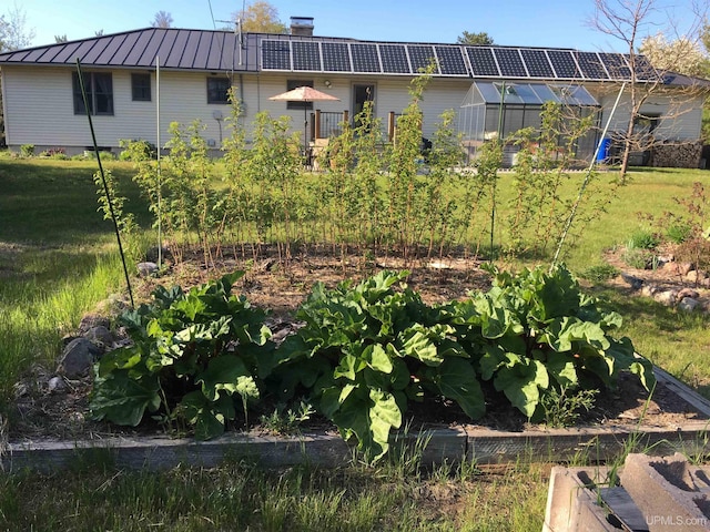 rear view of property featuring a standing seam roof, metal roof, a greenhouse, and a vegetable garden