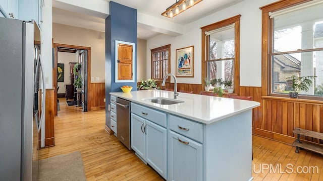 kitchen with a sink, a wainscoted wall, stainless steel appliances, and wooden walls