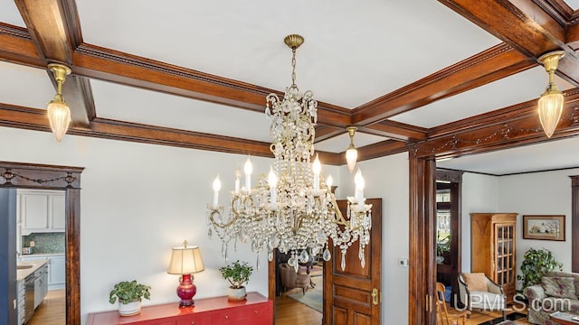 details featuring an inviting chandelier, wood finished floors, beamed ceiling, tasteful backsplash, and coffered ceiling