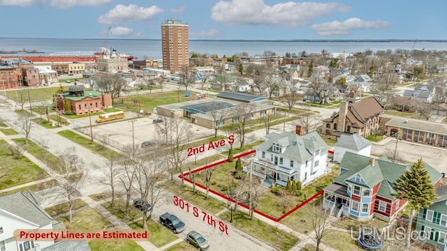 aerial view featuring a water view