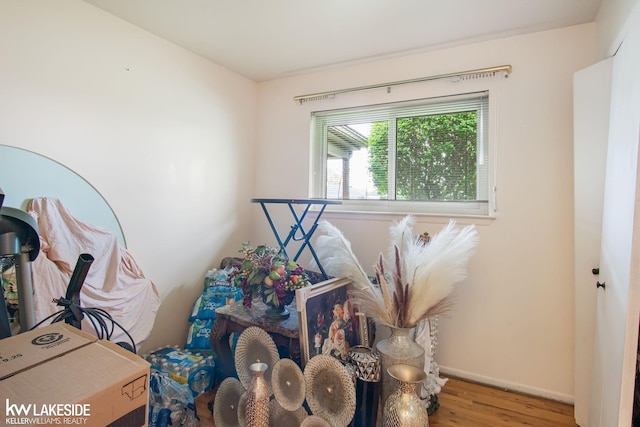 misc room with baseboards and wood finished floors