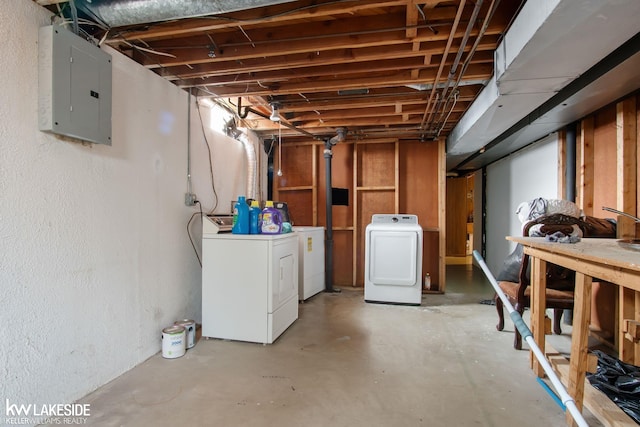 unfinished basement featuring washing machine and dryer and electric panel