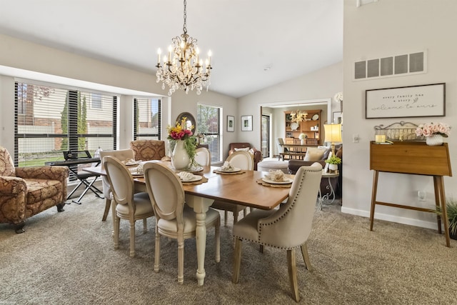 dining area featuring a chandelier, visible vents, carpet floors, baseboards, and lofted ceiling
