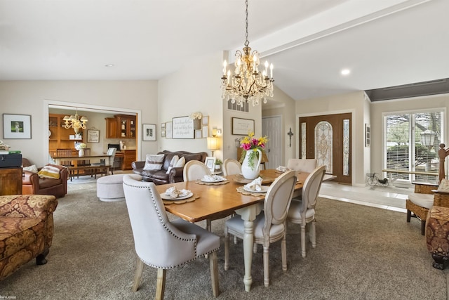 dining space with recessed lighting, carpet, a chandelier, and vaulted ceiling