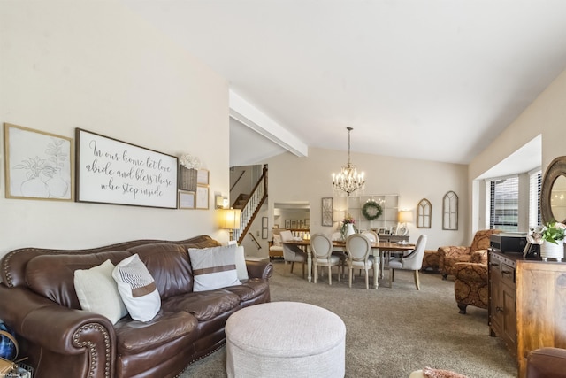 living area with carpet floors, lofted ceiling with beams, stairway, and an inviting chandelier