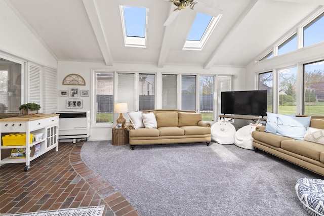 living room featuring brick floor and vaulted ceiling with skylight