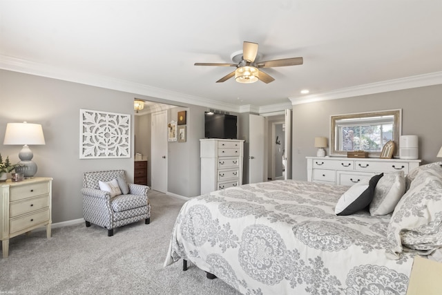bedroom featuring baseboards, ornamental molding, ceiling fan, and light carpet