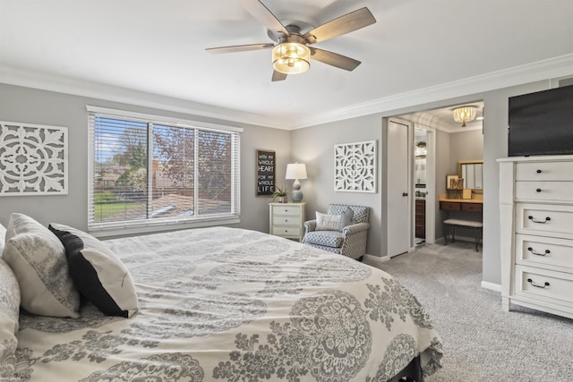 bedroom featuring crown molding, light carpet, baseboards, ceiling fan, and connected bathroom