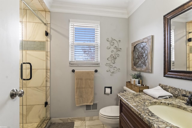 bathroom featuring visible vents, vanity, toilet, and a shower stall
