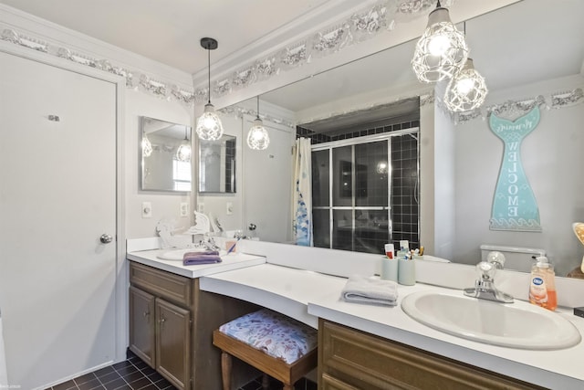 full bath featuring crown molding, vanity, a stall shower, and tile patterned floors