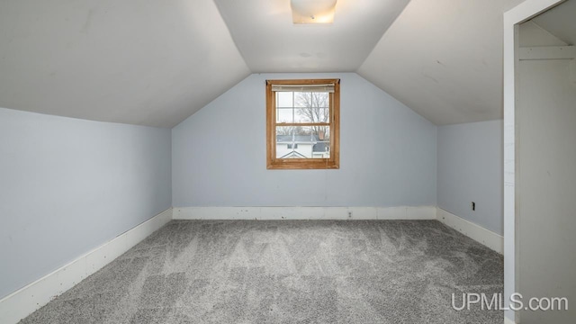 additional living space with baseboards, carpet, and lofted ceiling