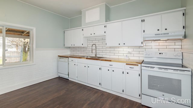 kitchen with dark wood-style flooring, a sink, white appliances, white cabinetry, and under cabinet range hood