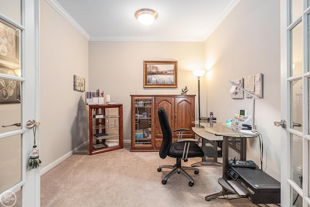 office area with baseboards, ornamental molding, french doors, and carpet