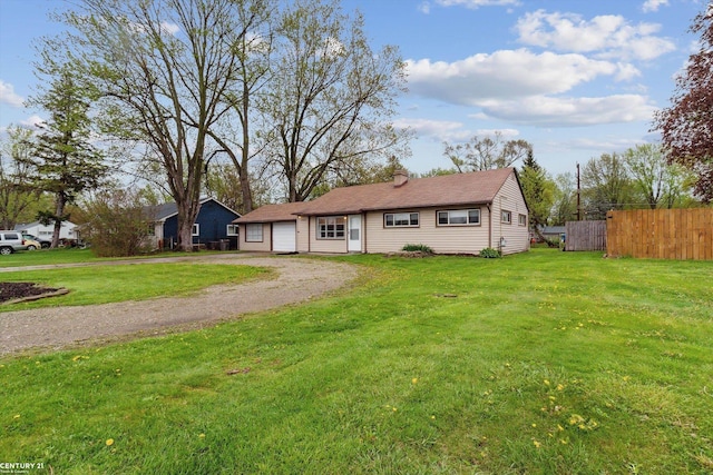 single story home featuring fence, dirt driveway, a chimney, and a front yard