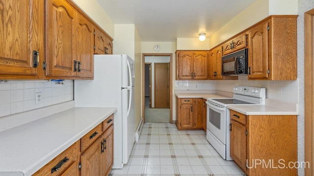kitchen featuring brown cabinetry, tasteful backsplash, light countertops, light floors, and white appliances