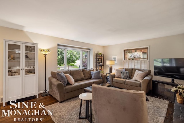 living area featuring dark wood-style flooring