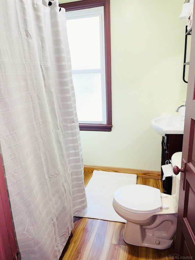bathroom with toilet, wood finished floors, and vanity