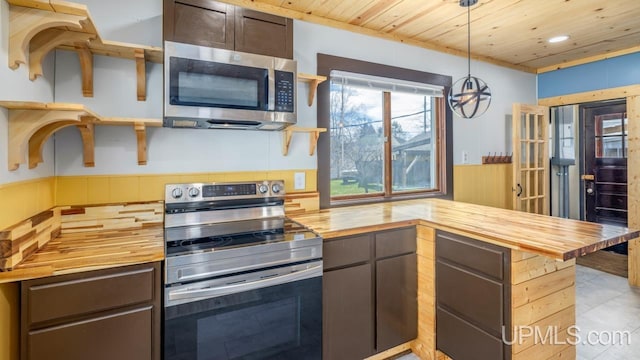 kitchen featuring a peninsula, recessed lighting, wooden ceiling, wood counters, and appliances with stainless steel finishes