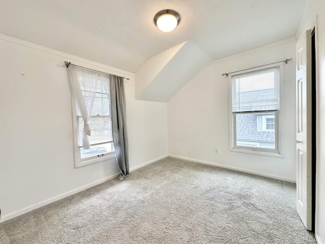 additional living space featuring baseboards, carpet flooring, and lofted ceiling