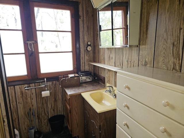 bathroom with wooden walls and vanity