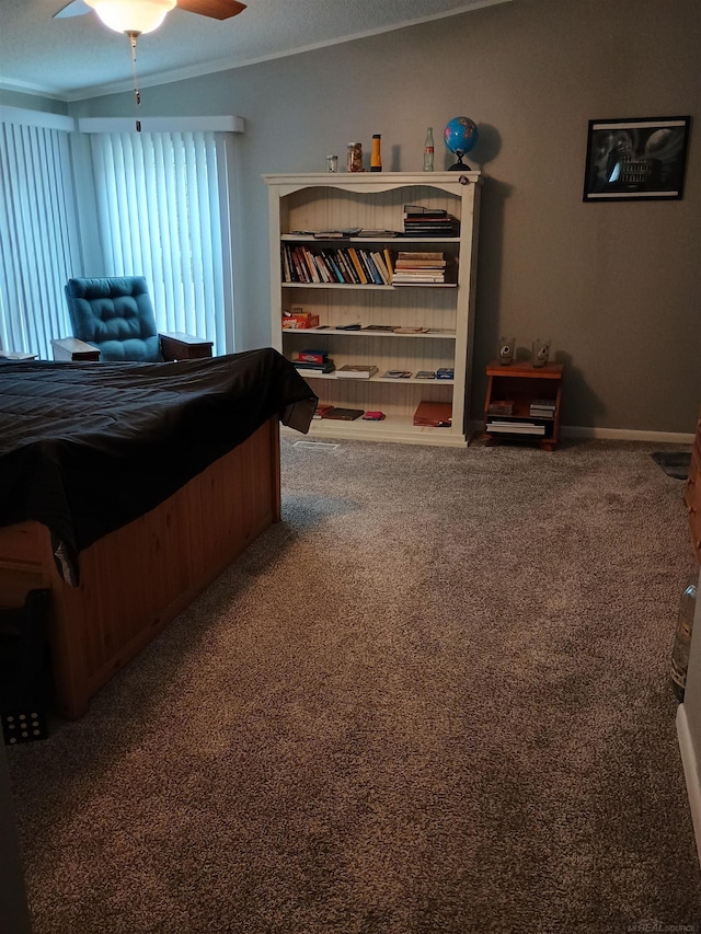 carpeted bedroom featuring baseboards, pool table, ornamental molding, and ceiling fan