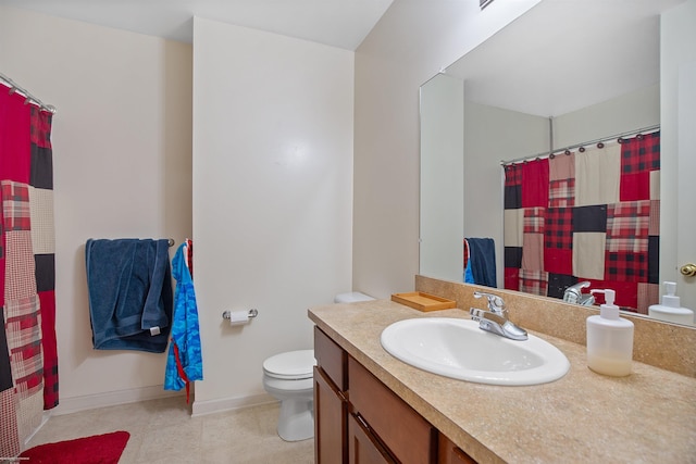 full bathroom with vanity, tile patterned flooring, toilet, baseboards, and a shower with curtain
