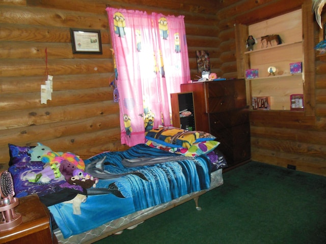 bedroom featuring carpet flooring and log walls