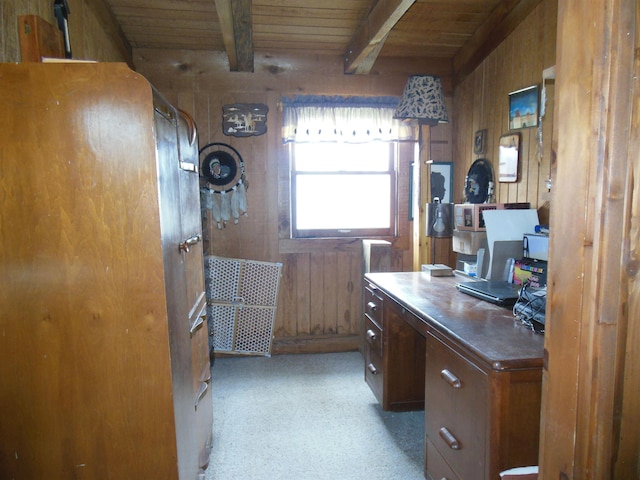 bathroom with wooden walls, wooden ceiling, and beamed ceiling