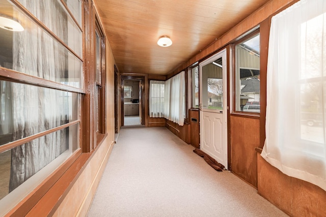 unfurnished sunroom with carpet floors, wooden walls, and wooden ceiling