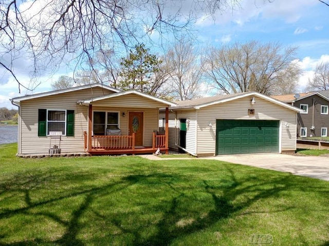 ranch-style home with a porch, a garage, a front yard, and concrete driveway