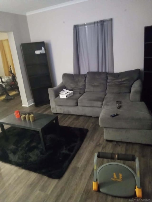 living room with crown molding and wood finished floors