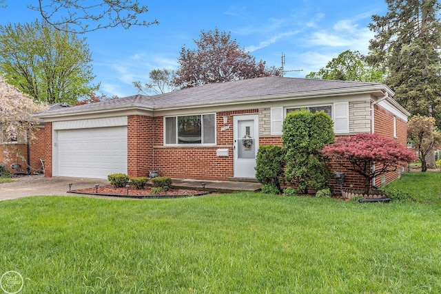 ranch-style home featuring an attached garage, a front yard, driveway, and brick siding