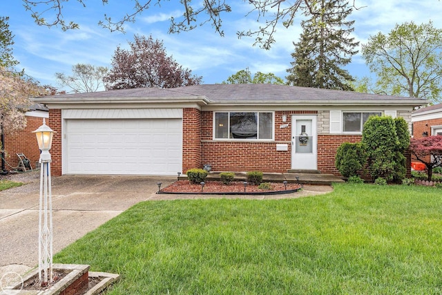 ranch-style house with brick siding, a front lawn, an attached garage, and concrete driveway
